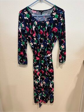 Talbots Black Floral Tie-Waist Long-Sleeve Dress—Size LP